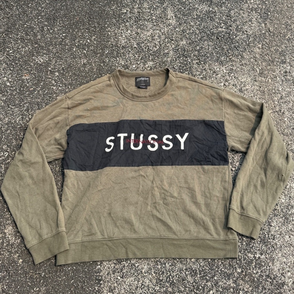 Stussy International Crewneck Sweatshirt Olive Green Black Panel Mens Large